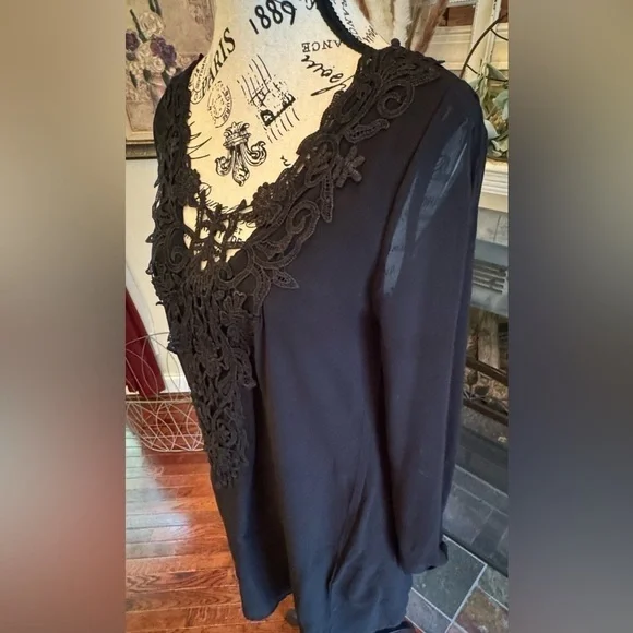 Little Black Dress Long Sheer Sleeves Open Arms Embroidered Front Women’s Large - Picture 3 of 7